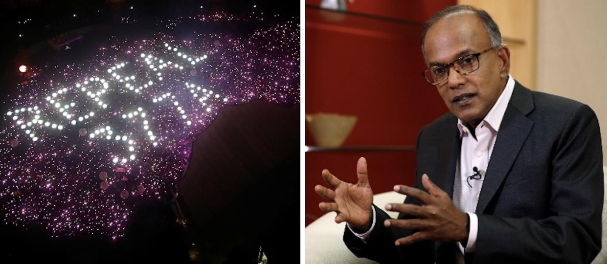 Photos showing a Pink Dot SG gathering at Hong Lim Park in 2019 calling for a repeal of Section 377A of the Penal Code, and Law and Home Affairs Minister K Shanmugam. (PHOTOS: Reuters)