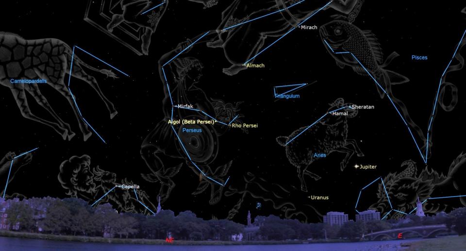 constellations are outlined in the night sky, including perseus, pisces and aries, which is above jupiter