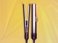 Collage of Dyson Airstrait hair straightener against a yellow background.