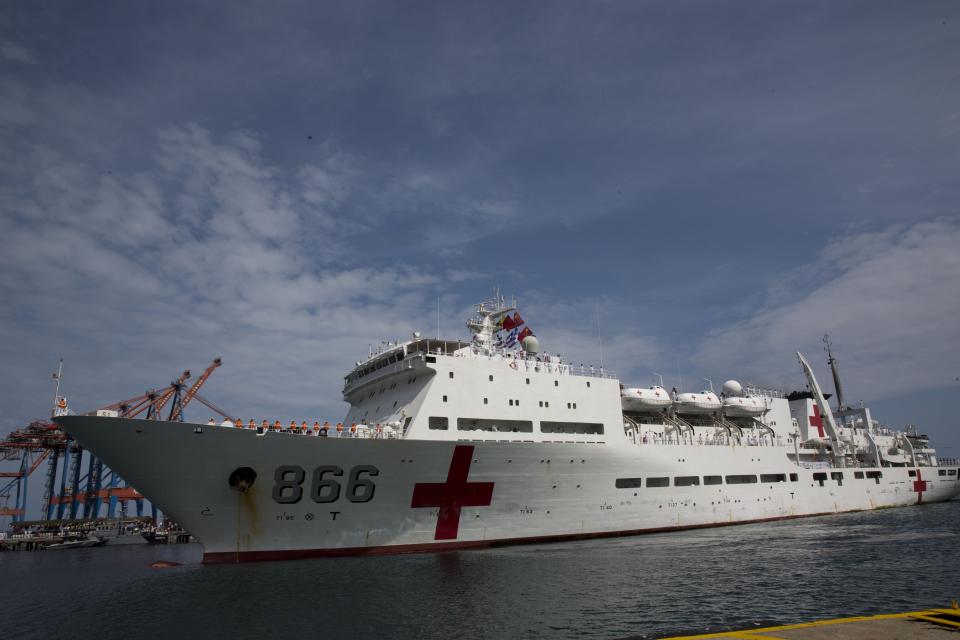 Chinese navy hospital ship "The Peace Ark" arrives at the port in la Guaira, Venezuela, Saturday, Sept. 22, 2018. The stop by the People's Liberation Army Navy's ship is the latest in an 11-nation "Mission Harmony" tour and will provide free medical treatment for Venezuelans. (AP Photo/Ariana Cubillos)