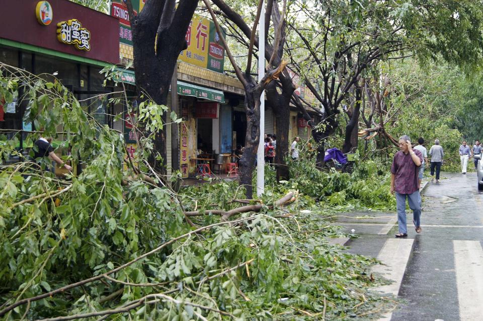 A man walks past fallen tree branches after typhoon Haiyan hit Sanya