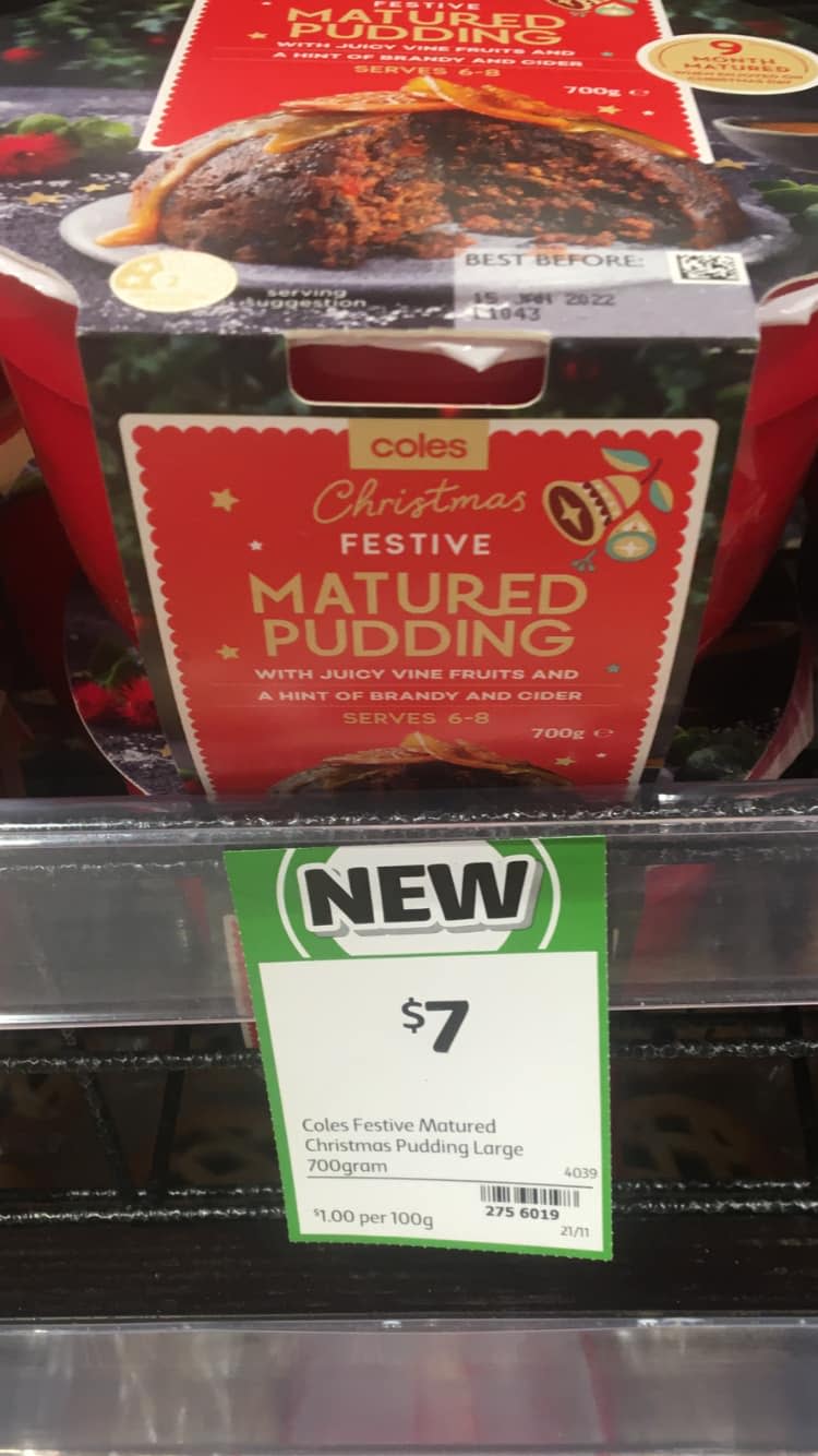 Christmas pudding advertised for $7 at Coles. Use by date is in 2022. Source: Facebook