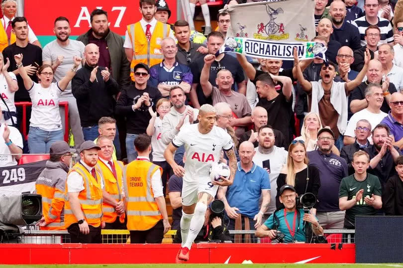 Tottenham star Richarlison celebrates scoring his side's first goal against Liverpool