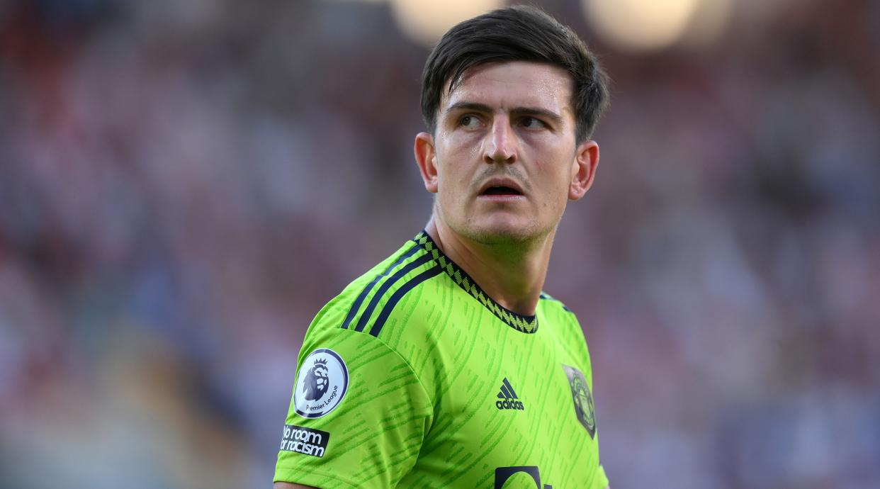  Harry Maguire of Manchester United looks on during the Premier League match between Brentford FC and Manchester United at Brentford Community Stadium on August 13, 2022 in Brentford, England 