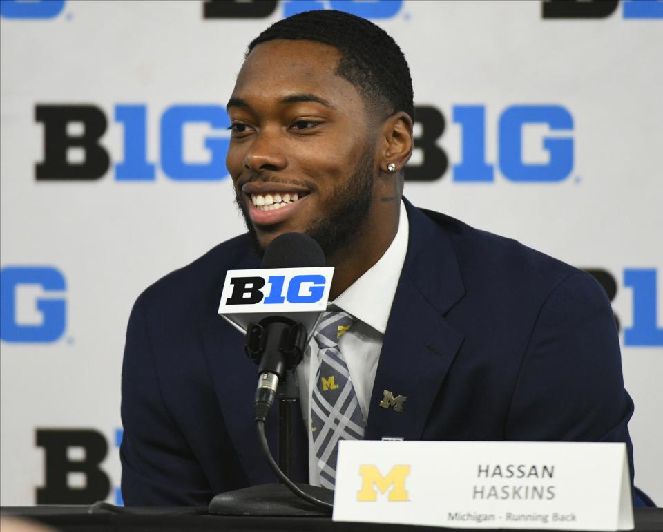 Michigan running back Hassan Haskins speaks to the media during Big Ten media days in Indianapolis on Thursday, July 22, 2021.