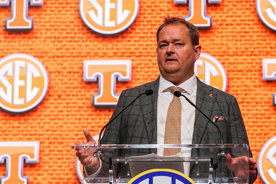 Tennessee Volunteers head coach Josh Heupel talks to the media.