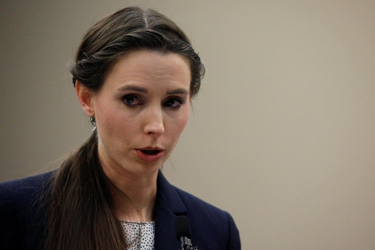 Survivor&nbsp;Rachael Denhollander speaks at the sentencing hearing on Jan. 24 for Larry Nassar, a former team USA Gymnastics doctor who pleaded guilty in November 2017 to sexual assault charges. (Photo: Brendan McDermid / Reuters)