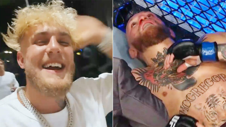 Pictured here, Jake Paul laughs at Conor McGregor after his defeat to Dustin Poirier at UFC 257.