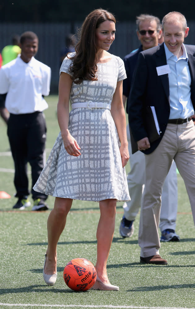 Kate doesn't have to wear designer dresses all the time! The Duchess of Cambridge wears an affordable discount dress right off the sale rack of Hobbs, a mid-priced British label. The Duchess played soccer and ping-pong at a pre-Olympics event for the launch of a new sports project in London. The '50s-inspired frock costs only $60 but is unfortunately already sold out in stores.