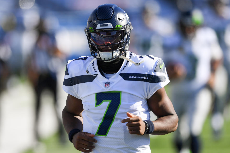 Nov 8, 2020; Orchard Park, New York, USA; Seattle Seahawks quarterback Geno Smith (7) jogs on the field prior to the game against the Buffalo Bills at Bills Stadium. Mandatory Credit: Rich Barnes-USA TODAY Sports