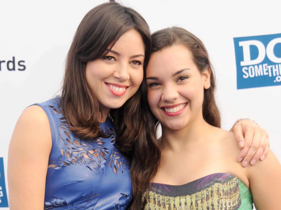 <p>Gregg DeGuire/WireImage</p> Aubrey Plaza and sister Renee arrive at the 2012 Do Something Awards at Barker Hangar on August 19, 2012 in Santa Monica, California.