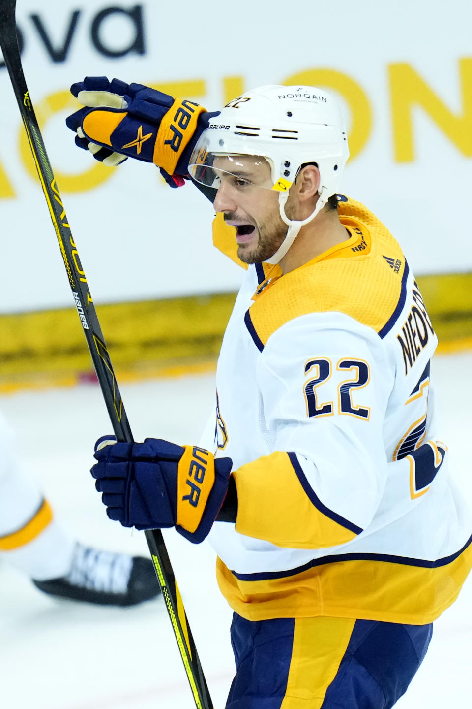 Nashville's Nino Niederreiter celebrates after scoring his sides second goal during the NHL hockey game between San Jose Sharks and Nashville Predators played in Prague, Czech Republic, Saturdday, Oct. 8, 2022. (AP Photo/Petr David Josek)