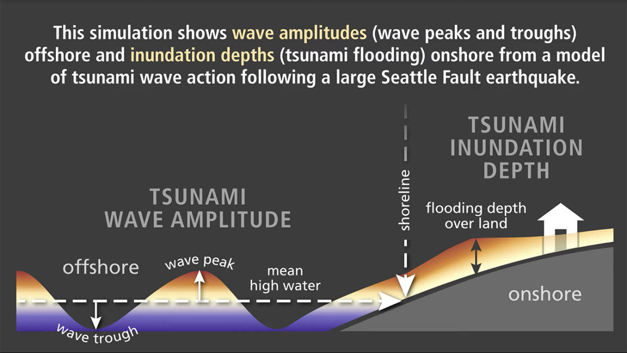 A slide from the wave simulation study explains tsunami wave amplitude and tsunami inundation depth.