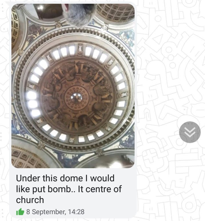 A text message sent by Safiyaa Shaikh to an undercover officer about her intentions to bomb St Paul's Cathedral. (PA Images/Met Police)