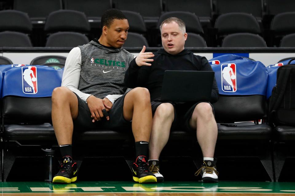 Feb 29, 2020; Boston, Massachusetts, USA; Boston Celtics assistant coach Brandon Bailey talks with forward Grant Williams (12) prior to the game against the Houston Rockets at TD Garden. Mandatory Credit: Winslow Townson-USA TODAY Sports