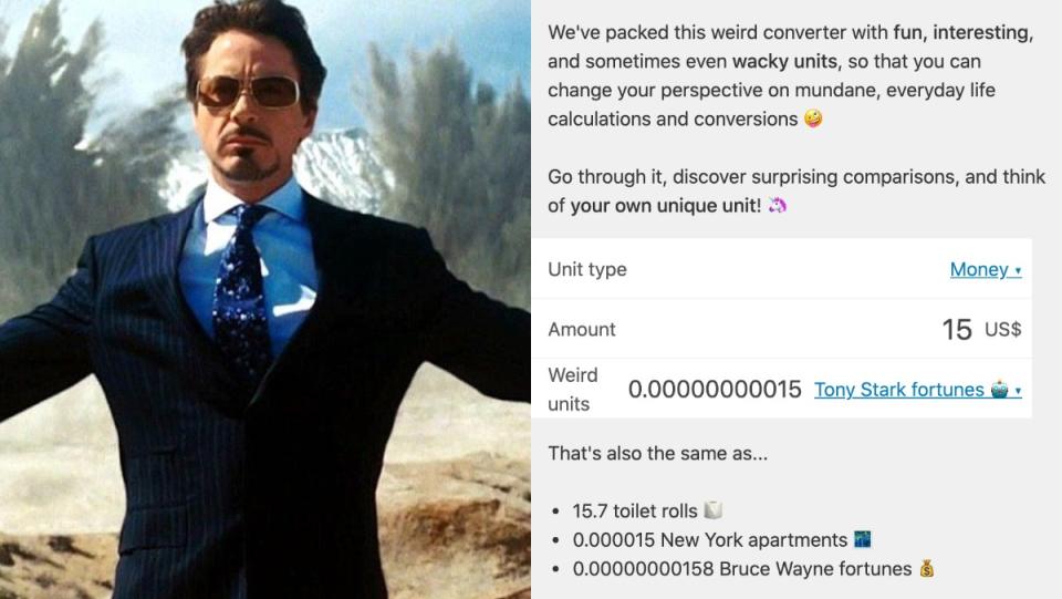 Tony Stark with explosions behind him and a look at the weird measurement converter by Omni Calculator