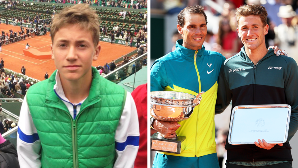 A picture of Casper Ruud (pictured left) at the 2013 Roland Garros final and (pictured right) Rafa Nadal embraces Ruud at the French Open.