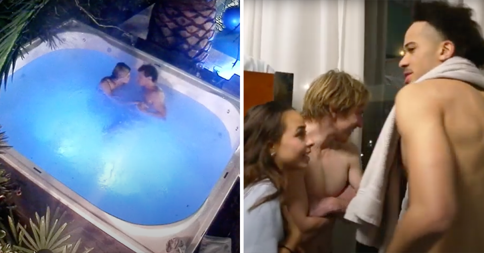 The Challenge's Megan Marx and Konrad Bien-Stephen in a hot tub, with Brooke Blurton watching from a window.