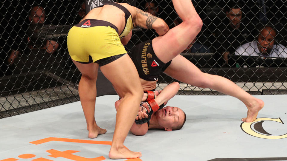 Jessica Andrade knocked out Rose Namajunas with a brutal slam. Pic: Getty