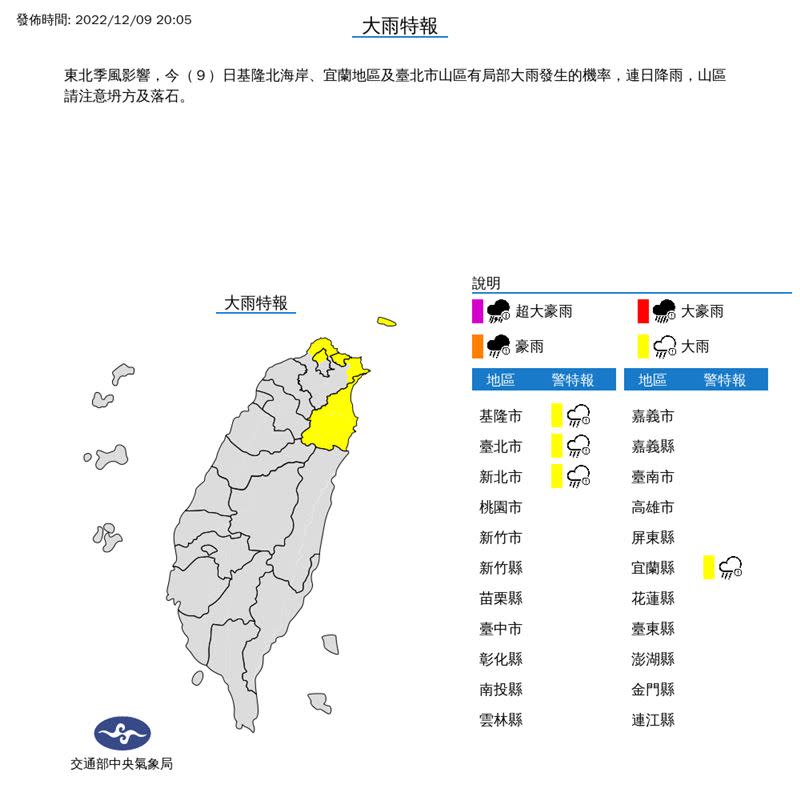 氣象局今（9）日20時05分針對「4縣市」發布大雨特報。（圖／翻攝自氣象局）