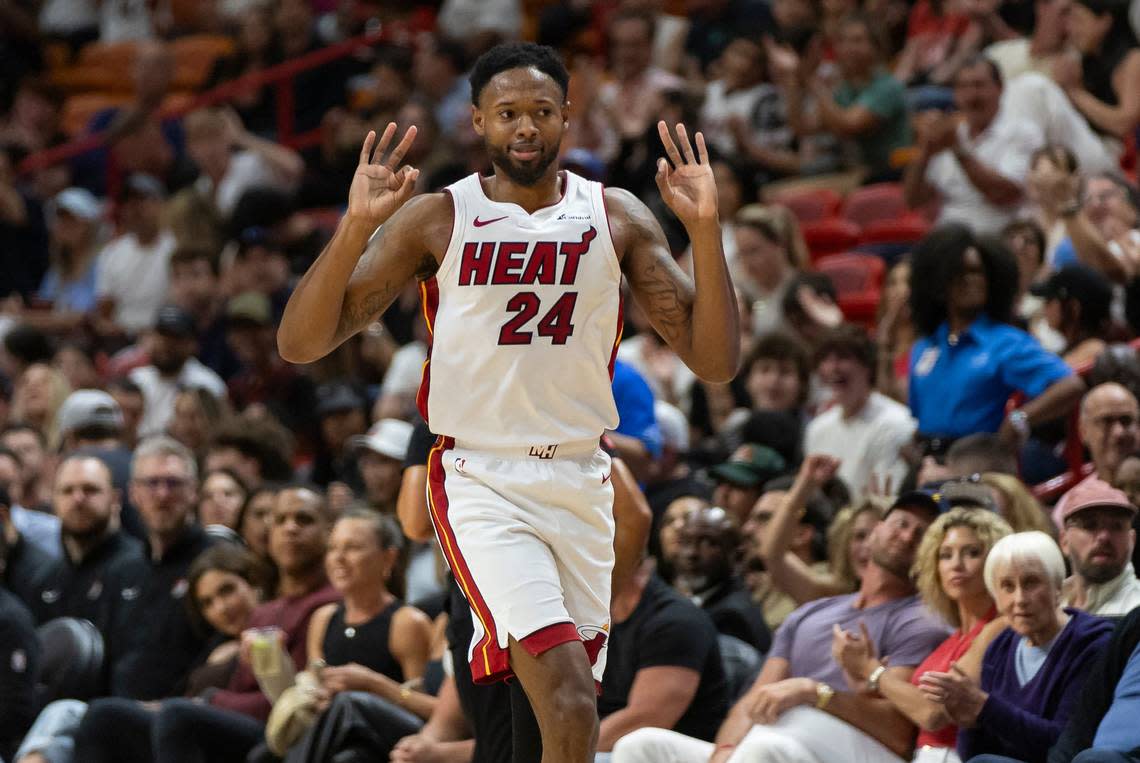 Miami Heat forward Haywood Highsmith (24) reacts after scoring a three-point shot against the Portland Trail Blazers in the first half of their NBA game at Kaseya Center on March 29, 2024 in Miami.