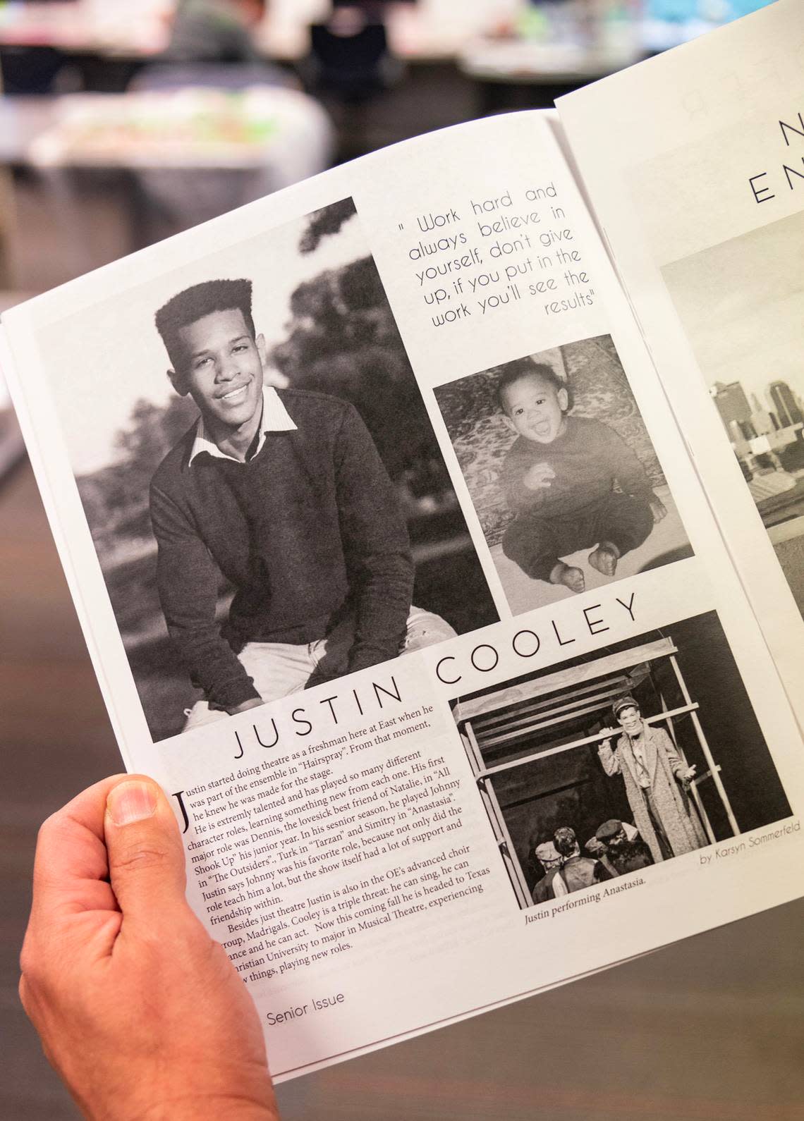 Before he was chosen to appear off-Broadway in “Kimberly Akimbo,” Justin Cooley was featured in the 2021 senior class issue of Olathe East High School’s “Hawk’s Eye.”