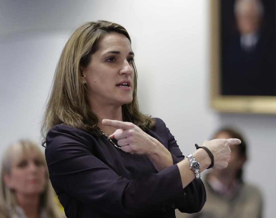 State District Attorney Shelley Dahlberg makes her closing arguments during the second phase of Texas' school finance trial before State District Judge John Dietz, Friday, Feb. 7, 2014, in Austin, Texas. (AP Photo/Eric Gay)