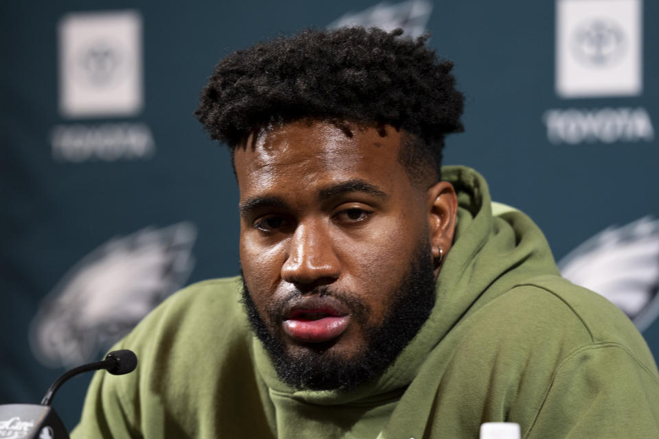 Philadelphia Eagles Bryce Huff talks to the media during the press conference after signing with the Eagles, Thursday, March 14, 2024, in Philadelphia. (AP Photo/Chris Szagola)