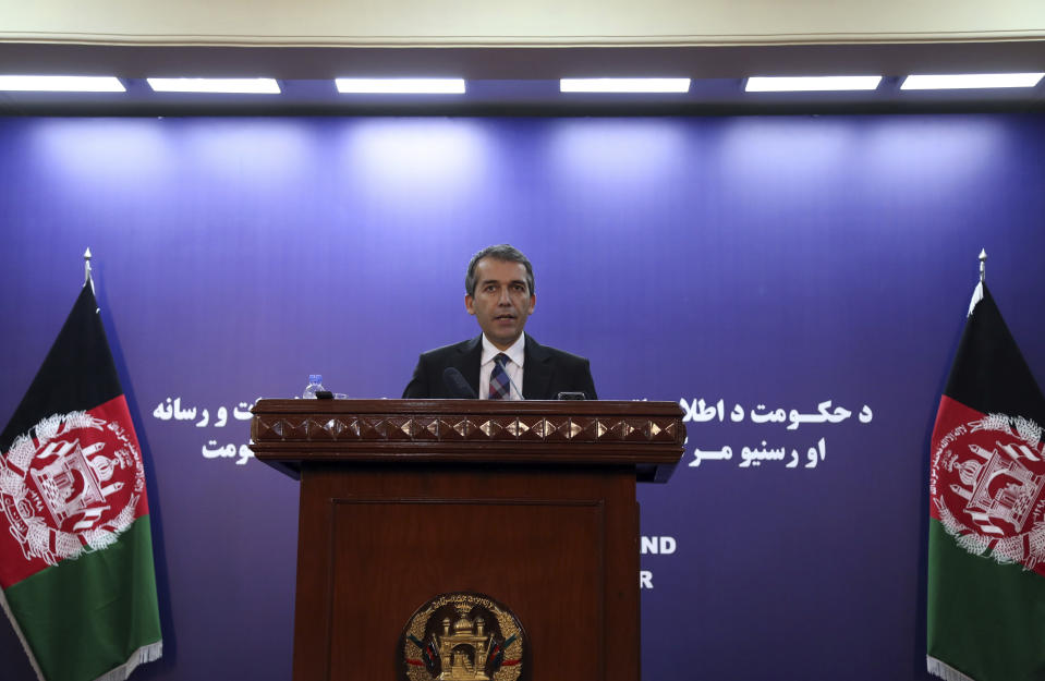 Afghan Presidential Spokesman Sediq Seddqi gives a press conference in Kabul, Afghanistan, Sunday, Sept. 8, 2019. Seddqi spoke to reporters hours after U.S. President Donald Trump in a series of tweets announced that he had canceled a secret meeting set for Sunday at Camp David with Taliban and Afghan leaders. Seddqi said it doesn't believe talks between the United States and Taliban will continue "at this stage" after Trump abruptly called them off. (AP Photo/Rahmat Gul)