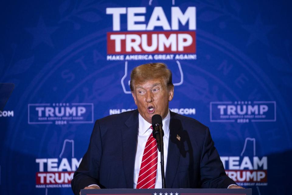 Former U.S. President Donald Trump speaks during a campaign event in Concord, New Hampshire, U.S., on Jan. 19, 2024. (Al Drago/Bloomberg via Getty Images)