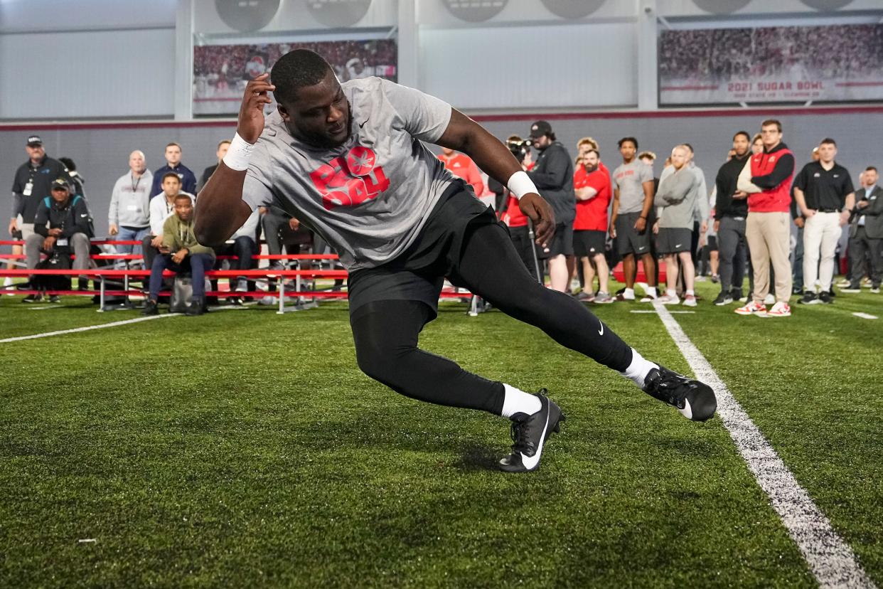 Mar 20, 2024; Columbus, Ohio, USA; Ohio State Buckeyes offensive guard Matt Jones runs a shuttle drill during Pro Day at the Woody Hayes Athletic Center.