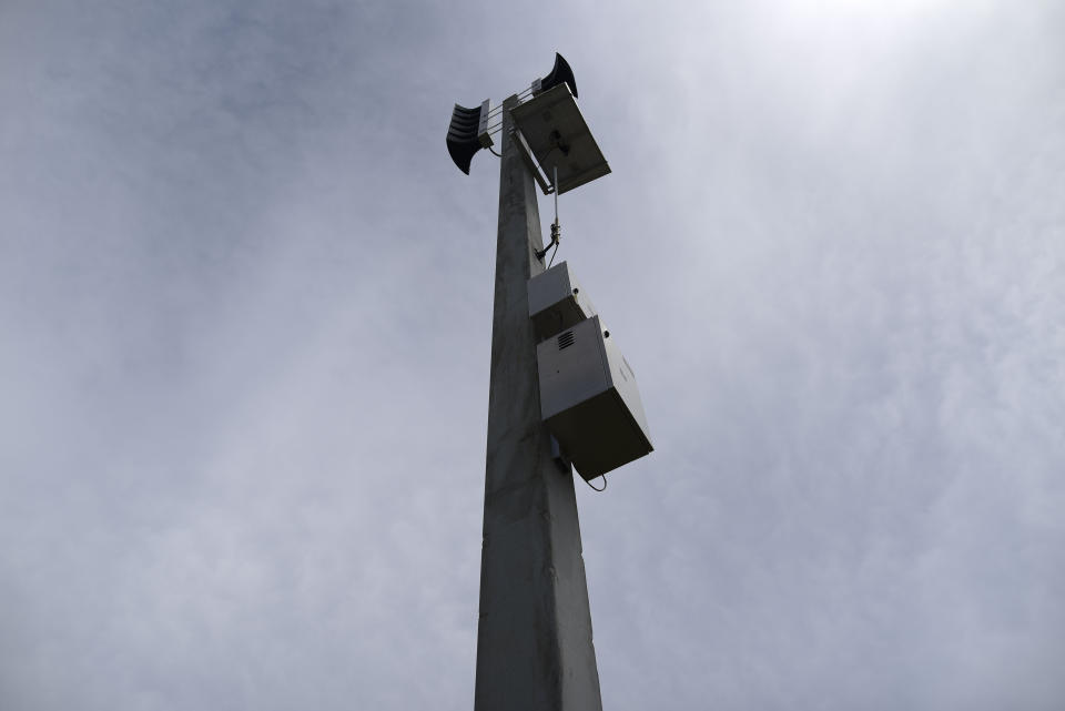 A tsunami alarm stands in Loiza, Puerto Rico, Thursday, May 28, 2020. Caribbean islands have rarely been so vulnerable as an unusually active hurricane season this year threatens a region still recovering from recent storms as it fights a worsening drought and a pandemic that has drained budgets and muddled preparations. (AP Photo/Carlos Giusti)