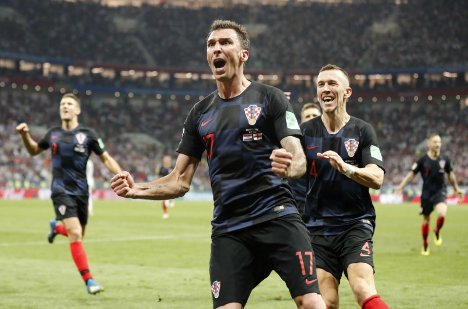 <p>Mario Mandzukic celebrates after putting Croatia into a 2-1 lead in extra time </p>