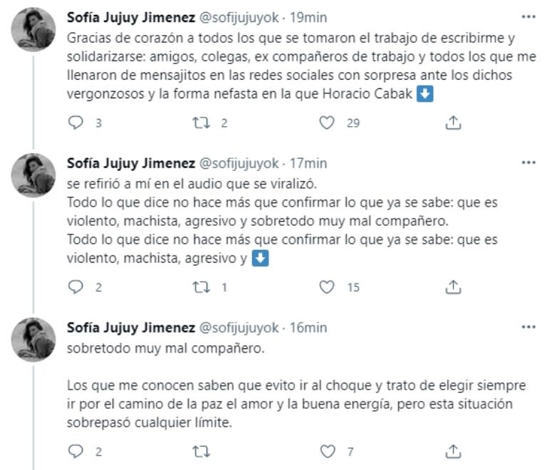 Sofía Jujuy Jimenez publicó durísimos mensajes sobre Horacio Cabak luego de la filtración de los audios del conductor