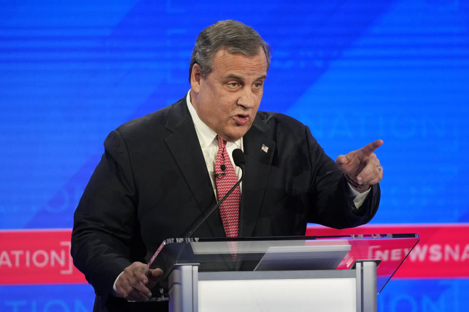 Republican presidential candidate former New Jersey Gov. Chris Christie gestures during a Republican presidential primary debate hosted by NewsNation on Wednesday, Dec. 6, 2023, at the Moody Music Hall at the University of Alabama in Tuscaloosa, Ala. (AP Photo/Gerald Herbert)