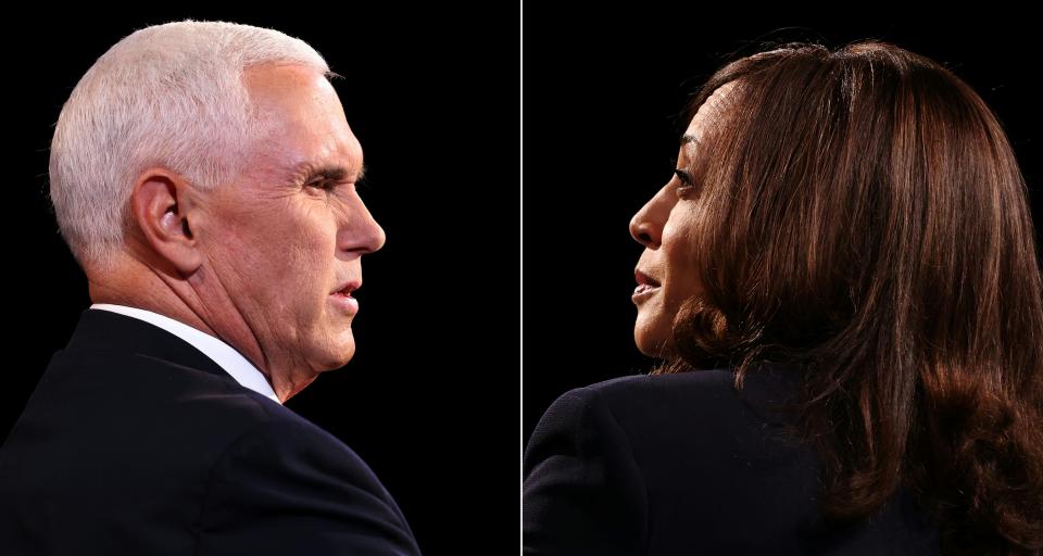 (COMBO) This combination of pictures created on October 07, 2020 shows US Vice President Mike Pence and Democratic vice presidential nominee and Senator from California Kamala Harris during the vice presidential debate in Kingsbury Hall at the University of Utah on October 7, 2020, in Salt Lake City, Utah. (Photos by Justin Sullivan / POOL / AFP) (Photo by JUSTIN SULLIVAN/POOL/AFP via Getty Images)