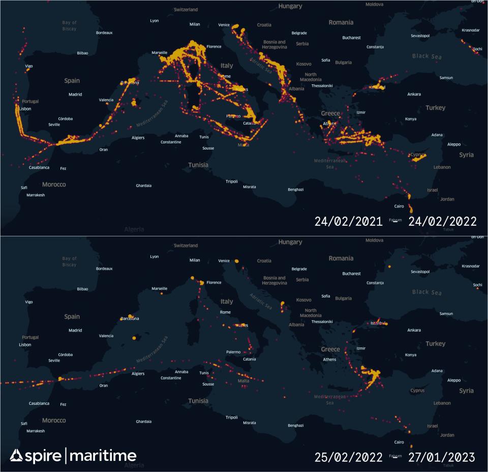A heat map showing Russian oligarch yacht traffic in the Mediterranean before and after the invasion of Ukraine