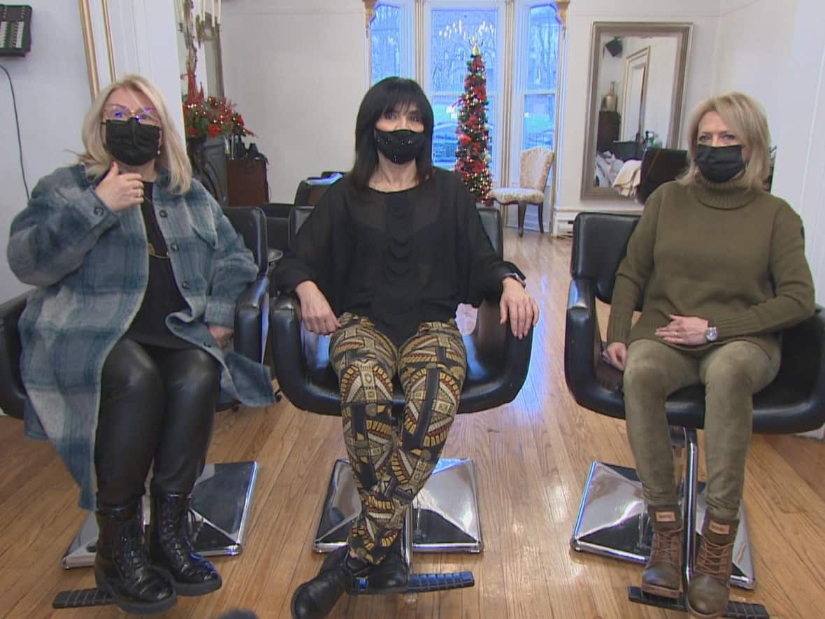 From left to right, Hair Connection owner Brenda Chaytor, the Headroom owner Trish Molloy, and Signature Salon owner Paula Adam. (Darryl Murphy/CBC - image credit)