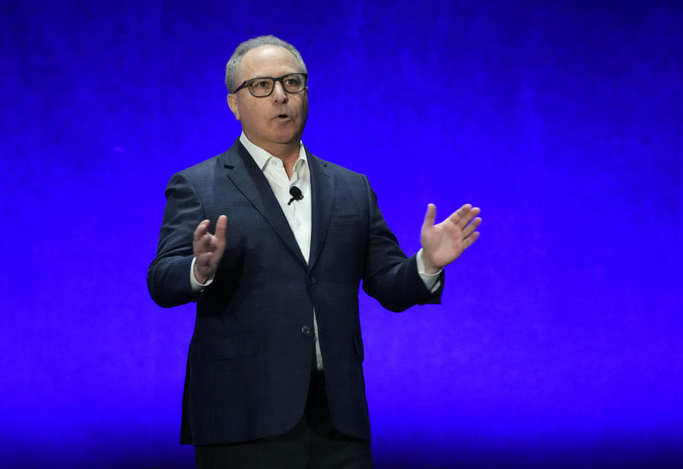 Alan Bergman, co-chairman of Disney Entertainment, addresses the audience during the Walt Disney Studios presentation at CinemaCon 2023, the official convention of the National Association of Theatre Owners (NATO) at Caesars Palace, Wednesday, April 26, 2023, in Las Vegas. (AP Photo/Chris Pizzello)