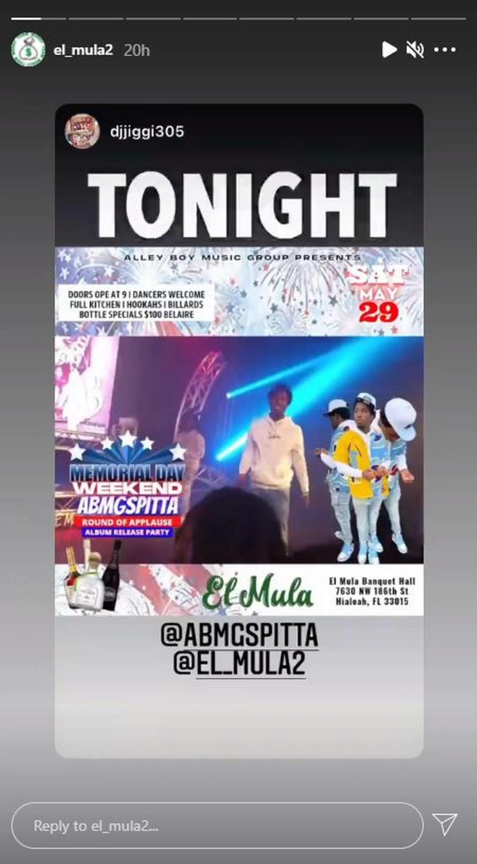 Event poster for the Memorial Day Weekend album release show at El Mula Banquet Hall on Saturday night. Police said two people were killed and up to 25 people were injured during the rap concert on May 29, 2021.