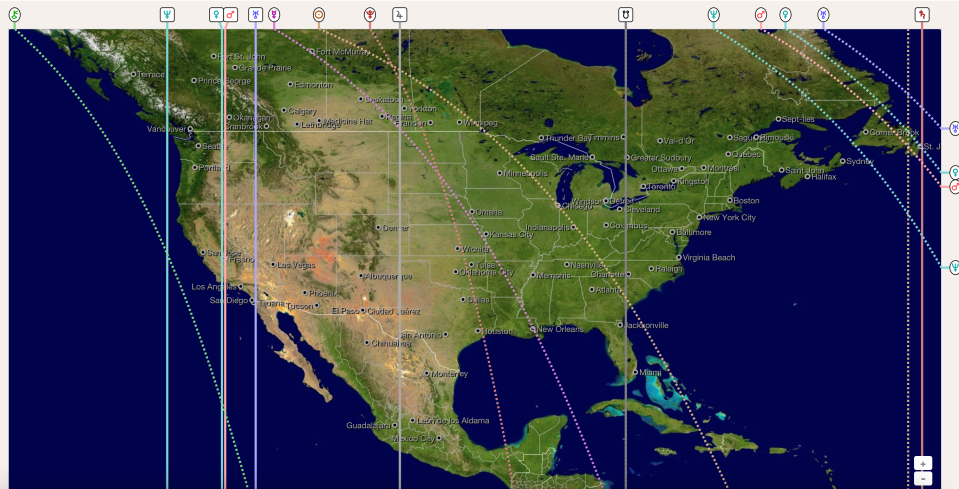 Map of United States with astrocartography lines