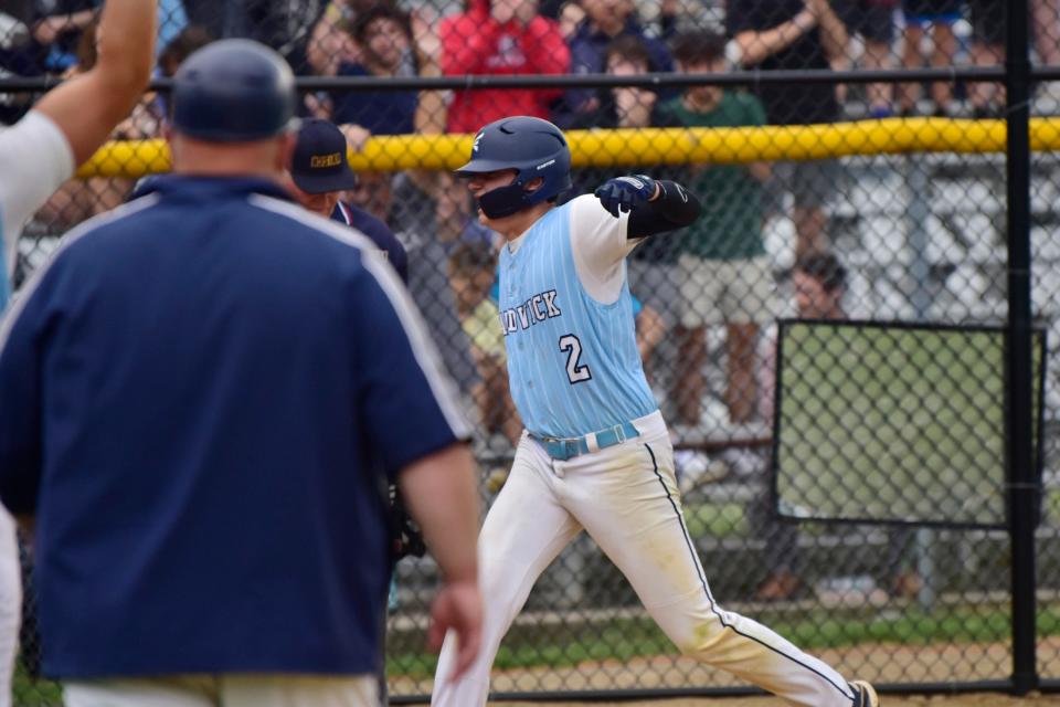 Anthony Marco, #2, of Waldwick reacts as he approaches to home following his solo homer to center against Kinnelon in the sixth inning during their semifinal round of the NJSIAA North 1, Group 1 baseball tournament in Waldwick, Tuesday on 06/07/22.