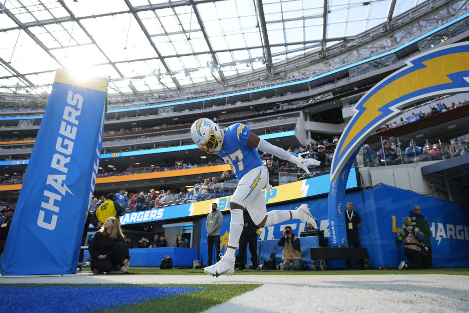 Los Angeles Chargers safety Jaylinn Hawkins is introduced before an NFL football game against the Kansas City Chiefs, Sunday, Jan. 7, 2024, in Inglewood, Calif. (AP Photo/Ashley Landis)