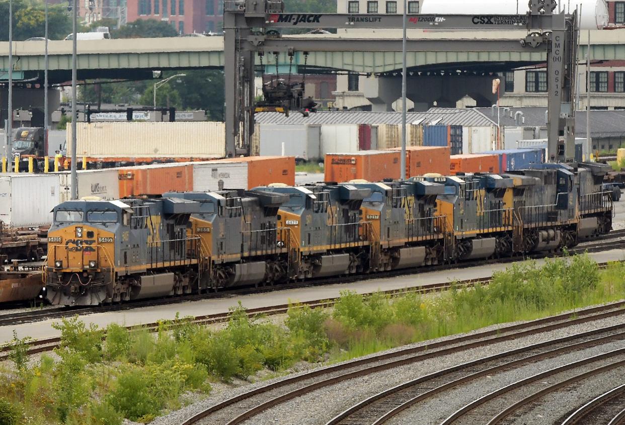 Locomotives are parked on a track inside the CSX Intermodal Terminal Aug. 8, 2018.