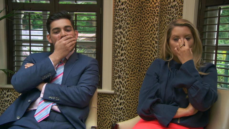 Dean and Pamela shocked at the team's branding reveal for the perfume task (BBC / Boundless)