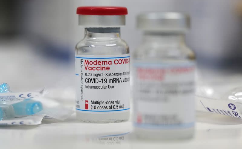 A vial of the Moderna COVID-19 vaccine is seen at a clinic in Aschaffenburg