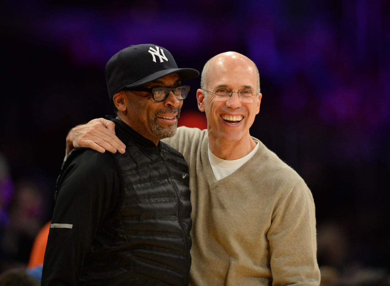 Mar 6, 2014; Los Angeles, CA, USA; Film director Spike Lee and DreamWorks Animation CEO Jeff Katzenberg before the game between the Los Angeles Lakers and Los Angeles Clippers at Staples Center. Mandatory Credit: Richard Mackson-USA TODAY Sports