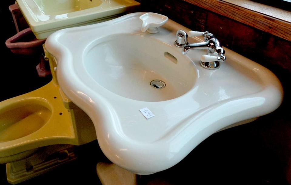 Bill Graham rebuilt this pedestal sink and antique soap dish, manufactured by Crane Company in 1914.