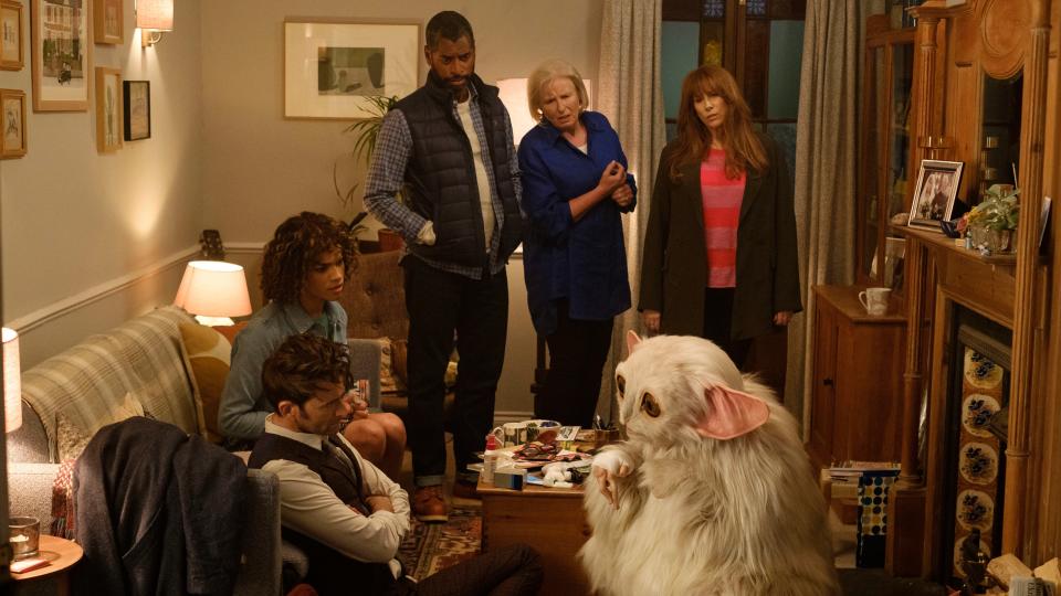 The Doctor (David Tennant), Rose (Yasmin Finney), Shaun (Karl Collins), Sylvia (Jacqueline King), Donna (Catherine Tate) and The Meep in the first of the Doctor Who 60th anniversary specials