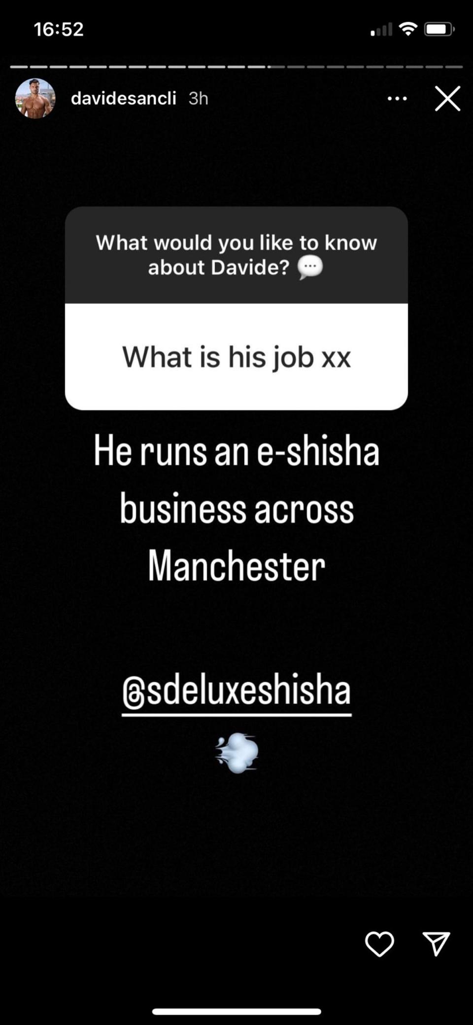 Sanclimenti, 27, runs a shisha brand based out of Manchester (Instagram @davidesancli)